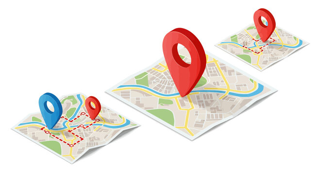 An isometric vector illustration depicts multiple detailed paper maps featuring vibrant red and blue location pins, highlighting navigation and geographical positioning concepts.