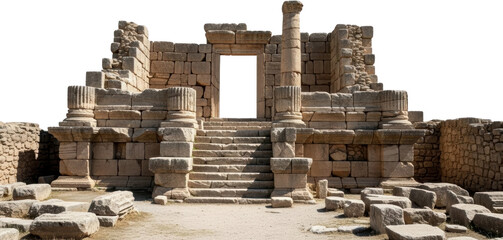 Ancient weathered stone ruins featuring a central staircase leading to a dark doorway flanked by columns and scattered blocks on the ground Architecture Historical Archaeology Temple