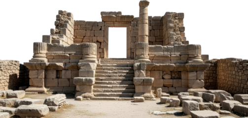 Ancient weathered stone ruins featuring a central staircase leading to a dark doorway flanked by columns and scattered blocks on the ground Architecture Historical Archaeology Temple