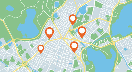 Fototapeta premium City map with highlighted location markers and various urban features including roads and green areas.