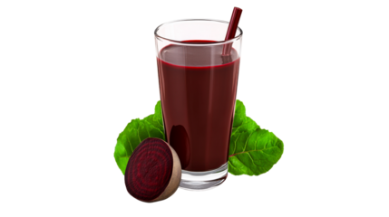 Refreshing red beetroot juice in a clear glass with a straw, accompanied by a fresh sliced beet and vibrant green leaves, perfect for illustrating healthy lifestyle and nutrition.