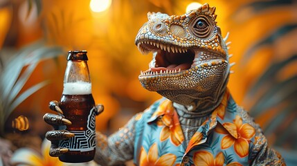 Open mouthed dinosaur wearing Hawaiian shirt holding beer bottle on solid bright yellow background, playful whimsical character design with vivid bold tones, isolated fun creature illustration
