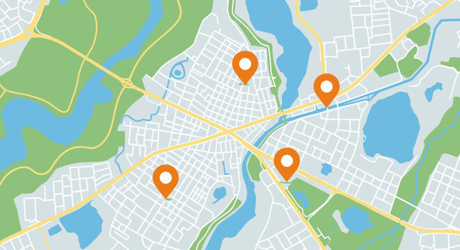 A vibrant, flat design vector illustration depicts an urban city map with multiple orange pin markers indicating specific points of interest or navigation routes.