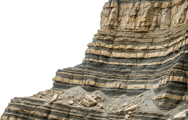 Alternating horizontal layers of tan sedimentary rock and dark shale cliffs showing distinct stratification and scattered broken rock fragments at the base rock formation geology geological