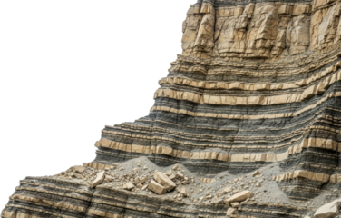 Alternating horizontal layers of tan sedimentary rock and dark shale cliffs showing distinct stratification and scattered broken rock fragments at the base rock formation geology geological