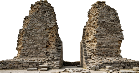 Ancient stone ruins featuring two tall weathered defensive wall remnants flanking a narrow passage opening against a black void 187 characters Architecture Remains Structure Historical
