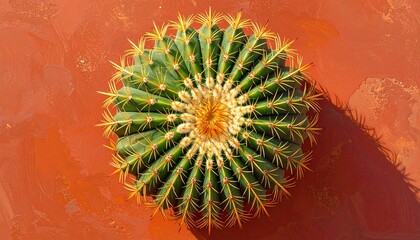 Close-up top view of a spherical golden barrel cactus, its vibrant green body covered in sharp yellow spines, casting a shadow on an orange textured background