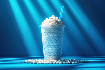 A refreshing beverage with whipped cream sits in a geometric cup, surrounded by sugar cubes, illuminated by soft blue light.