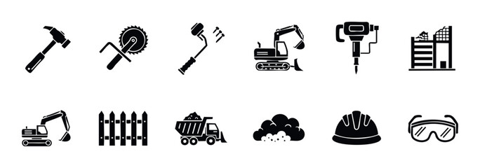 Comprehensive collection of essential construction equipment, demolition tools, building materials, and safety gear icons, ideal for civil engineering projects, architectural planning, and