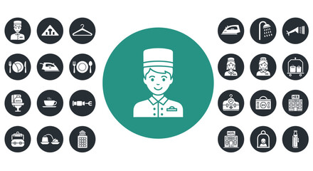 Hotel bellhop surrounded by various hospitality and service related icons in a circular arrangement.