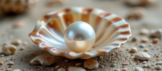 A pearl nestled in a seashell on a sandy surface with small pebbles.