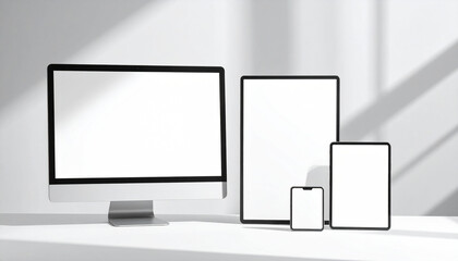 Fototapeta premium A collection of modern digital devices with blank screens, including a desktop monitor, tablets, and a smartphone, set against a minimalist white background with shadows.