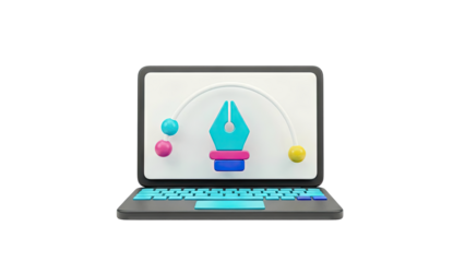 3D Laptop with Vector Pen Tool Icon and Curve