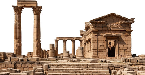 Obraz premium Ancient Roman Temple Ruins Display Weathered Corinthian Columns And Surviving Stone Structure Facade Against A Stark Transparent Background Isolated Element Architecture Historical Landmark