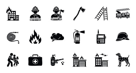 Comprehensive collection of essential firefighting and emergency service icons for safety presentations, educational materials, and public awareness campaigns related to fire prevention and