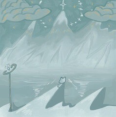 A whimsical, frozen winter landscape with distant mountains, a shimmering lake, and a small cat under a star-filled sky.