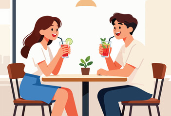 Young couple enjoying drinks and conversation at a cafe table with a small plant