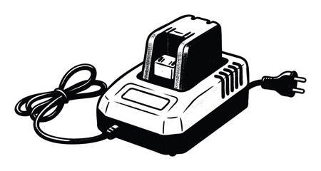 Cordless power tool battery charger with an inserted battery and connected electric cable, depicting an essential accessory for professional and home improvement applications