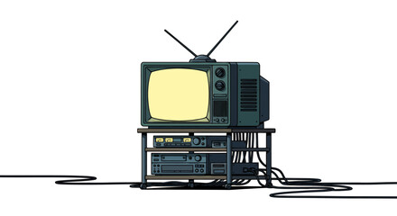 Retro television set with antenna and vintage electronics on a stand isolated on white background.