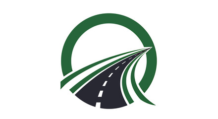 Abstract road logo with green circle and highway illustration for transportation concept.