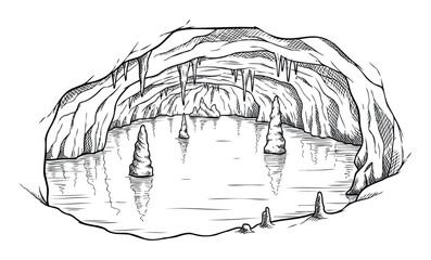 Subterranean cavern featuring a tranquil underground lake reflecting towering stalagmites and dripping stalactites, perfect for educational resources, game settings, or natural wonder