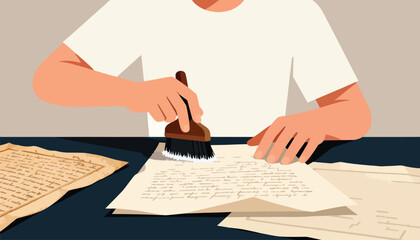 Hands clean old documents with a brush, revealing hidden text