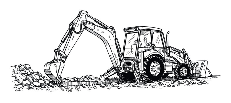 Industrial backhoe loader machine engaged in excavation work, moving dirt and rocks for road building, foundation preparation, or utility trenching purposes