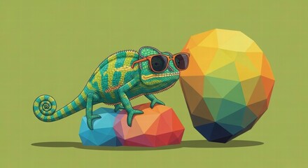 Chameleon's Geometric Charm: A vibrant chameleon, adorned with sunglasses, rests gracefully beside a colorful geometric form. The scene blends the beauty of nature with the allure of modern art