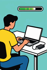 Person using laptop with external drive and loading bar overhead