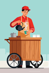 Man in red cap and apron pours hot drink from teapot into a cup at his cart