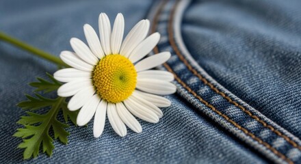Obraz premium Daisy Bloom on Denim: A delicate daisy, with its pure white petals and sunny yellow center, rests gently upon a textured denim surface, portraying a moment of simplicity and charm.