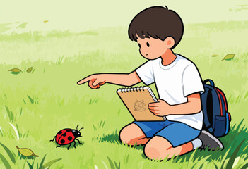 Young boy kneels in grass, pointing at a ladybug while holding a sketchbook