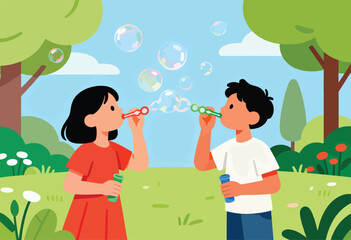 Children blowing colorful bubbles in a lush, grassy park on a sunny day