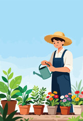 Gardener in straw hat watering potted plants under a blue sky