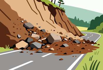 Rockslide debris obstructs a winding road, blocking passage