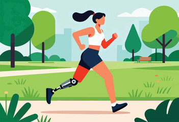 Person with prosthetic leg running in park