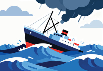 A vessel struggles against stormy seas under dark, rainy clouds