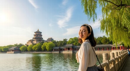 Fototapeta premium Joyful Journey: A woman's smile brightens a scenic promenade with a historic building, trees, and serene waters, reflecting on a beautiful day of travel.