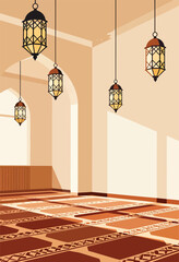 Interior of an empty prayer hall with patterned carpets and hanging lanterns