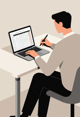 Person works on laptop at desk with spreadsheet, writes with pen