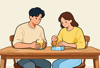 A man holds a lit candle, a woman lights another at a wooden table