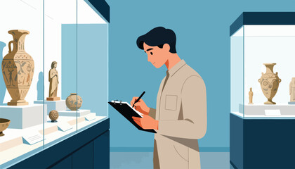 Man in museum documenting ancient artifacts in display cases