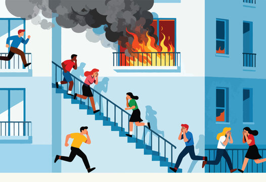 People evacuating building in panic during a fire