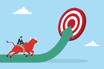 Vector illustration of a businessman riding a red bull towards a target, symbolizing ambition, determination, and the pursuit of goals in a dynamic business setting

