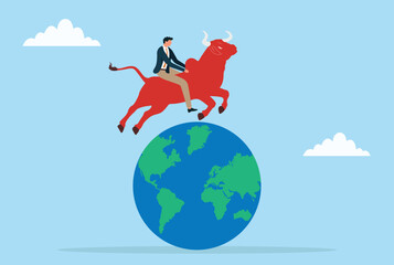 Vector illustration of a businessman riding a red bull and jumping over the globe, symbolizing ambition, global success, and fearless pursuit of business goals
