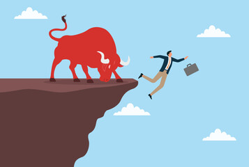 Vector illustration of a red bull lumping a businessman off a mountaintop, symbolizing sudden challenges, risks, unexpected setbacks, and business pressure
