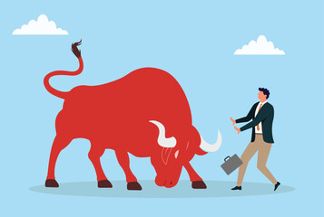 Vector illustration of a red bull goring a businessman, representing intense challenges, sudden risks, and high-pressure situations in the corporate world
