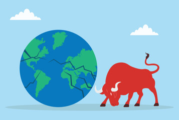 Vector illustration of a red bull breaking a globe, representing bold action, global disruption, power, challenging limits, and unstoppable force
