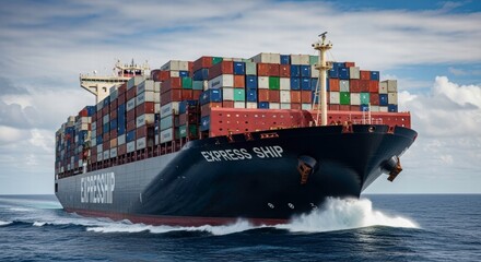 Global Trade: A majestic cargo ship navigates the open sea, laden with shipping containers, symbolizing the power of global trade and the movement of goods across the world.