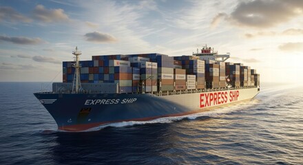 Global Commerce in Motion: A colossal cargo ship, laden with containers, navigates the open sea, symbolizing global trade and logistical prowess.